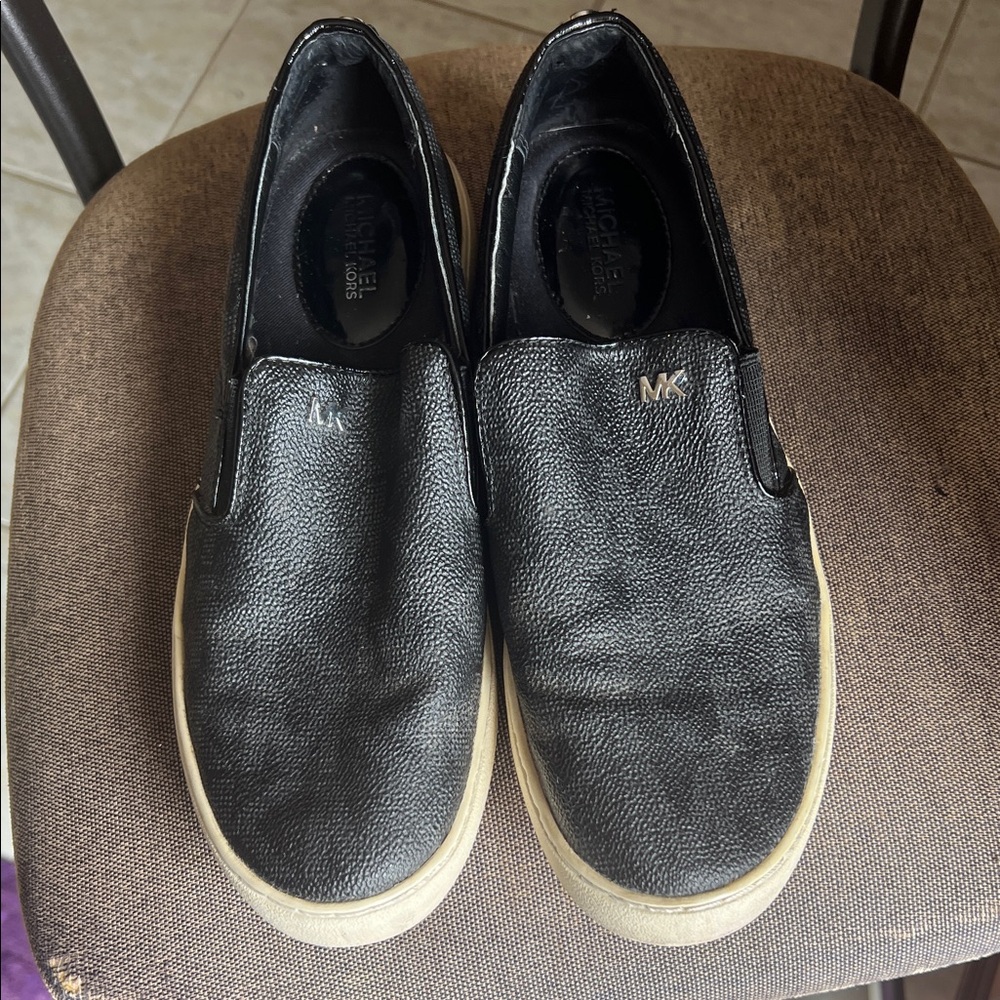Michael Kors Black Slip-On Leather Loafers with Silver MK Accent